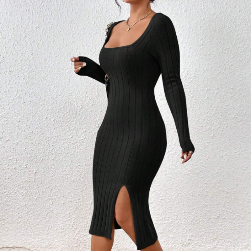 Square Collar Long Sleeve Knitted Dress Women