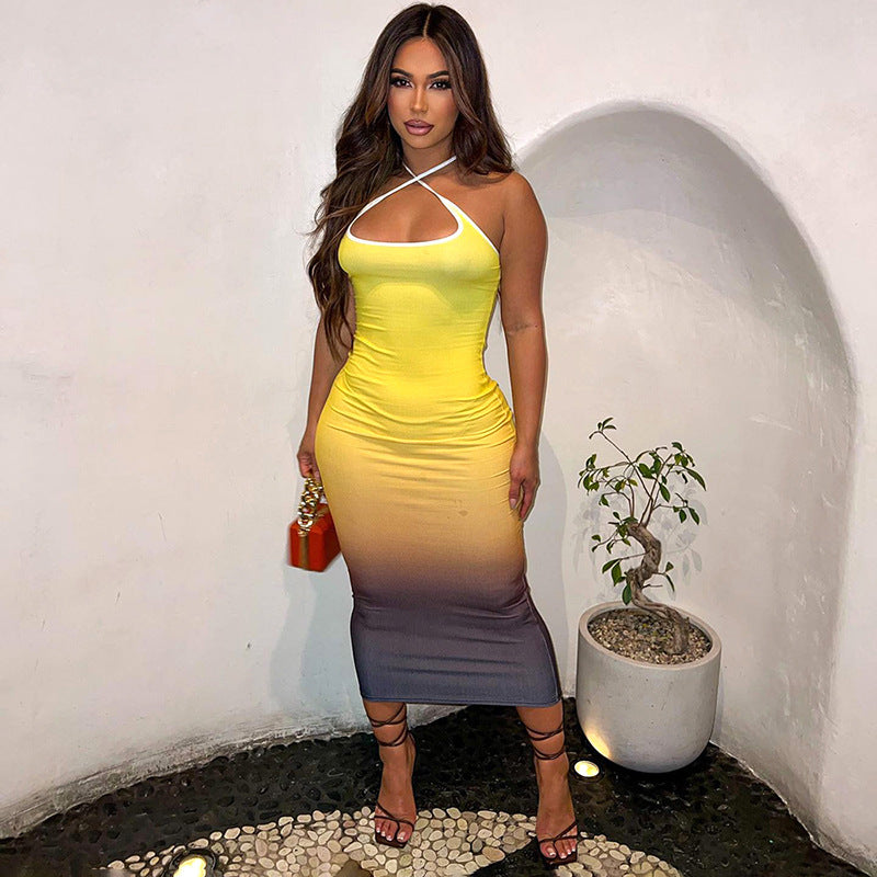 Women's Gradient Printing Backless Slim-fit Dress